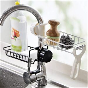 Metal Faucet Rack Stainless Steel Faucet Storage Rack Stainless Steel Sink Candy Hanging Basket Drain Rack Kitchen Bathroom Soap Storage Holder Adjustable Sink Rag Adjustable Kitchen tools