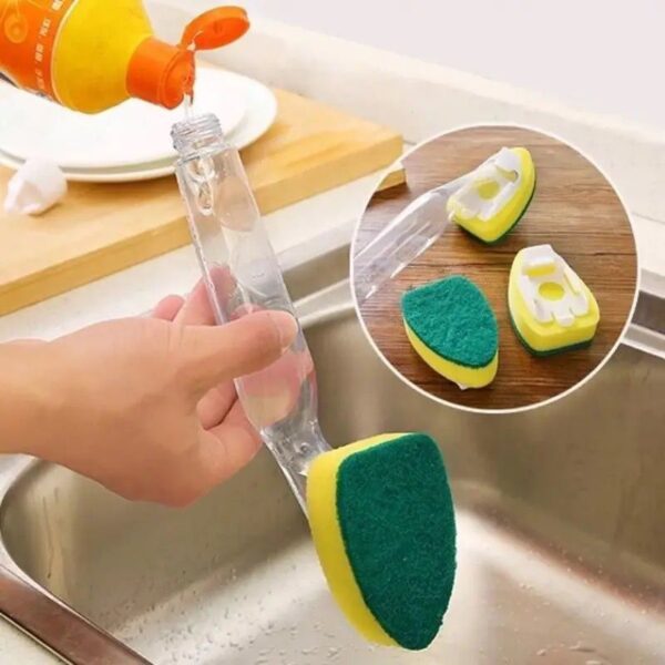 Dishwashing Wand Sponge, 1 Long Handled Dish Wand with 3pcs Refill Heads,Kitchen Scrubber Sponge for Washing Bowl, Pot and Sink, Size: Small, Clear