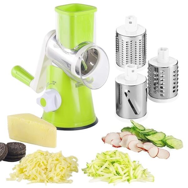 Manual Tabletop Drum Grater - 3 in 1 Grater - Rotary Shredder Slicer Grinder - Stainless Steel Blades Use Easy Detachable Shredder