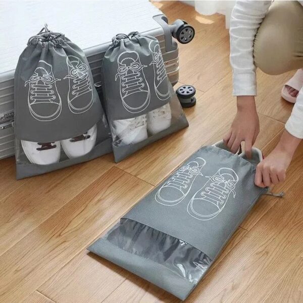 Travel Shoe Pouch -Grey Non-Woven Fabric Dustproof Drawstring Bag - Breathable Storage Pouch With Visual Window - Portable Shoe Organizer Drawstring Bag